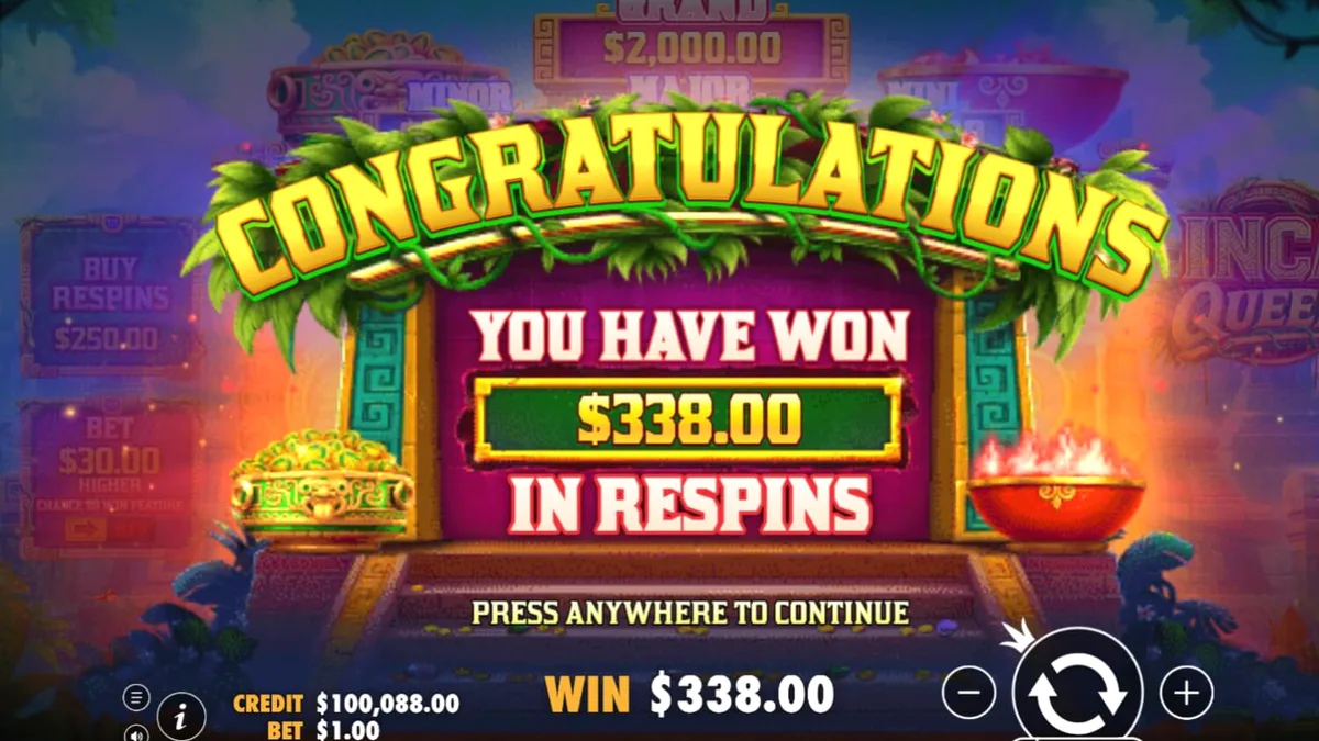 Interface do jogo de slot Inca Queen com tema de civilização inca