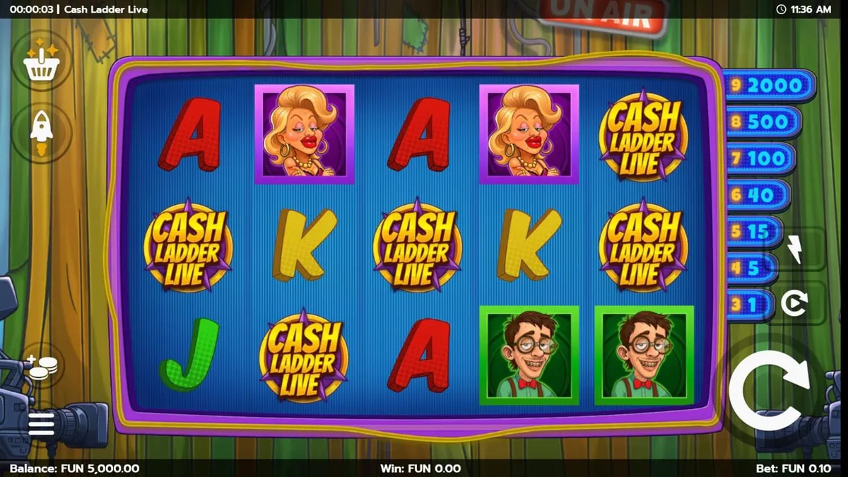 Interface do jogo de caça-níqueis Cash Ladder Live com luzes de estúdio